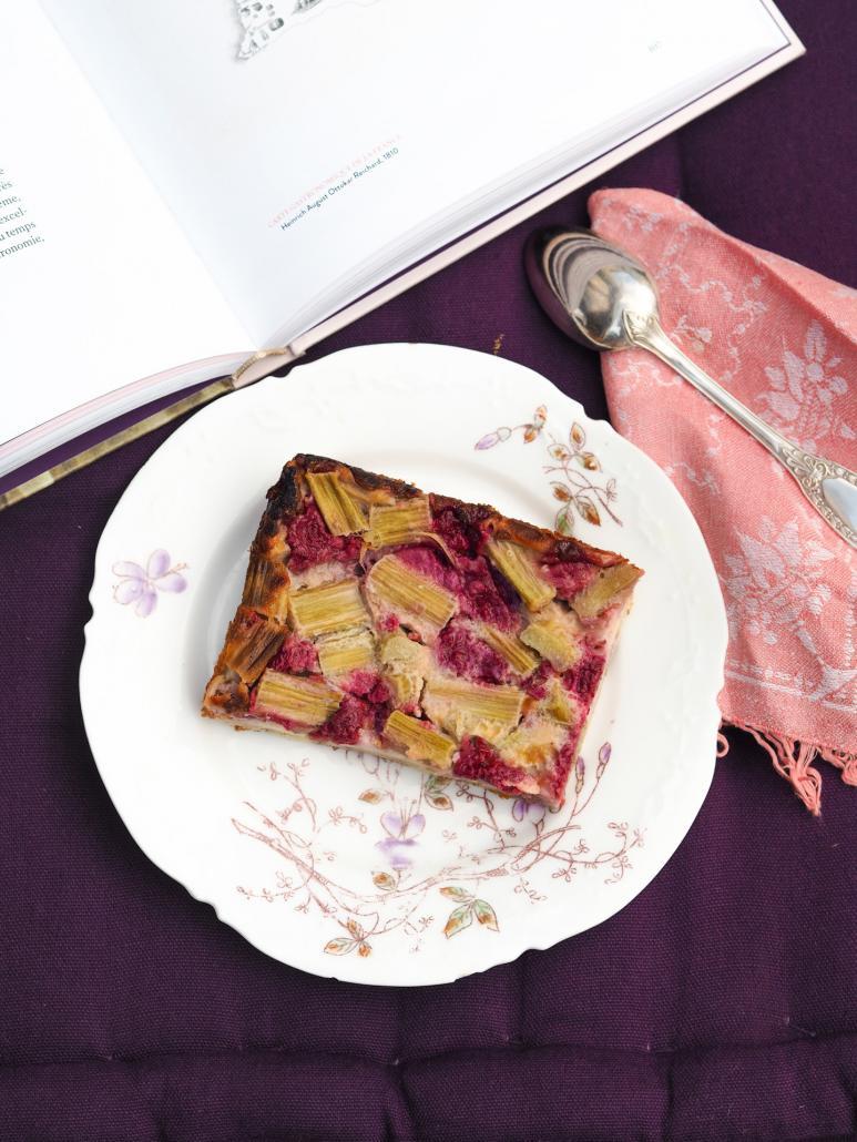 red fruit (strawberry or raspberry) and rhubarb clafoutis. French easy recipe