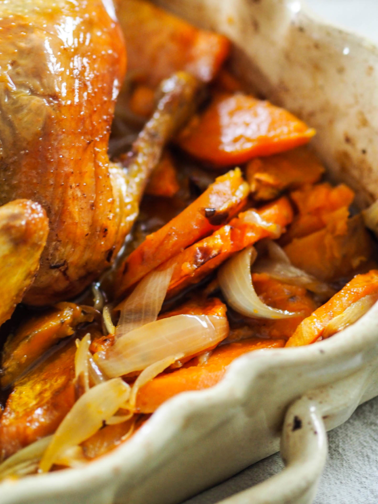 oven roast chicken with sweet potatoes and onion