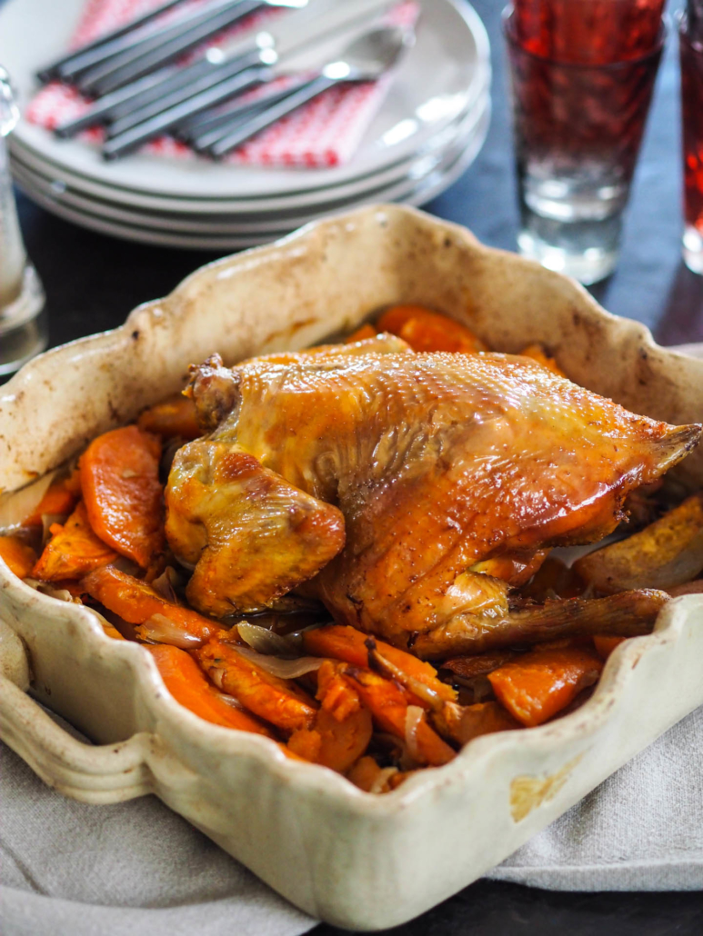 oven roast chicken with sweet potatoes and onion